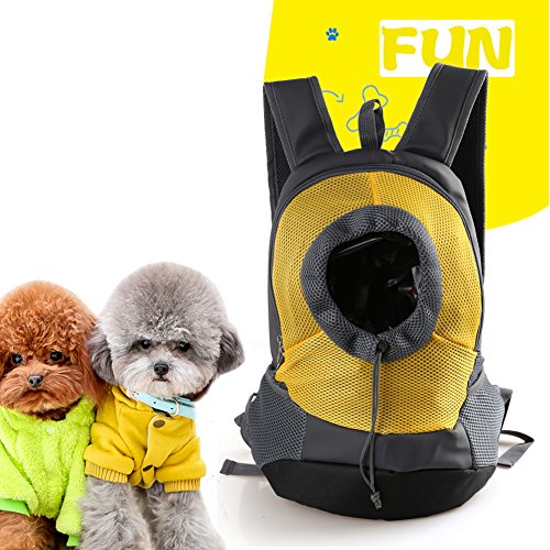 Tineer Al Aire Libre Transpirable Pet Dog Carrier Mochila Nylon Bolsa Delantera portátil de Viaje Pet Dog Bag Ajustable Malla de Hombro Pet Mochila Pet Head out (S, Amarillo)