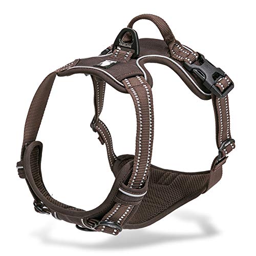 Tineer Reflective Nylon Arnés para Perros Grandes para Mascotas Chaleco Reflectante 3M con asa Todo el Tiempo Servicio Acolchado Seguridad Ajustable Conductores para Perros Mascota (S, marrón)