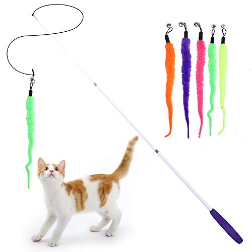 Toozey Feather Toys, juguetes para gatos con 2 piezas de varillas retráctiles interactivas para gatos y 13 piezas de reemplazo de plumas / insectos / peces con campanas