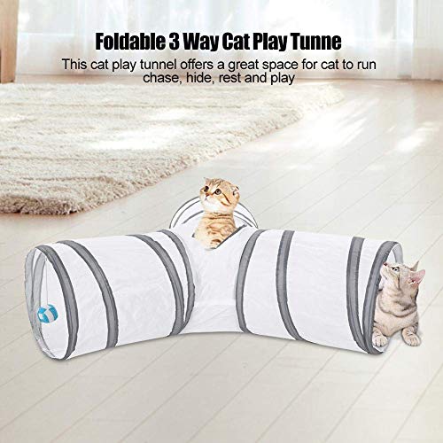 Túnel de gato plegable de 3 vías, juguete interactivo interactivo de túnel de juego plegable para mascotas para conejos, gatitos, perros pequeños(Blanco)