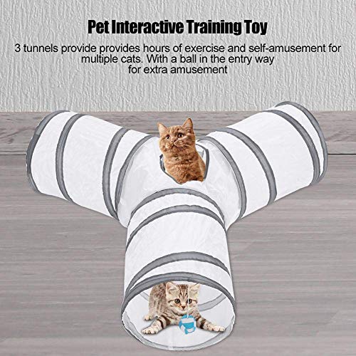 Túnel de gato plegable de 3 vías, juguete interactivo interactivo de túnel de juego plegable para mascotas para conejos, gatitos, perros pequeños(Blanco)