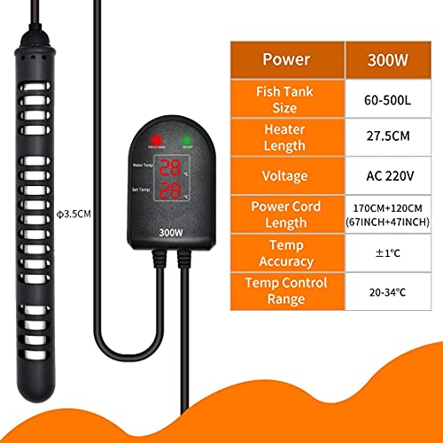 U-picks Calentador para tanque de peces sumergible acuario tanque termóstato calentador 300w - temperatura ajustable control de temperatura preciso y confiable