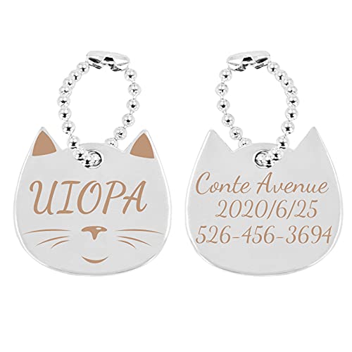 Uiopa Chapa Perro Grabada, Chapas para Perros Forma de Cara de Gato Chapas Personalizadas Placa Identificativa Perro, Placas para Perros Grabadas para Collar Gato Mascota Pequeñas/Medianas (Plateado)