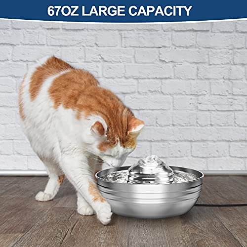 Vakdon Fuente para Gatos, Bebedero Gatos de Acero Inoxidable, 67oz/2L Silencioso Fuente de Agua para Gatos Perros, Dispensador de Agua Perros, Nivel de Agua Visible, con Filtro (Forma Redonda)