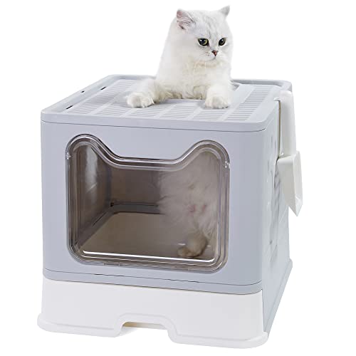 Vealind Arenero Gatos, 51 x 41 x 38cm Caja de Arena para Gatos Grande y Plegable con Taba, Bandeja Extraible y Pala (Claro Gris)