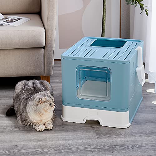 Vealind Arenero Gatos, 51 x 41 x 38cm Caja de Arena para Gatos Grande y Plegable con Taba, Bandeja Extraible y Pala (Especial Azul)