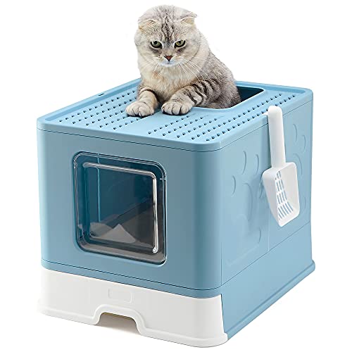 Vealind Arenero Gatos, 51 x 41 x 38cm Caja de Arena para Gatos Grande y Plegable con Taba, Bandeja Extraible y Pala (Especial Azul)