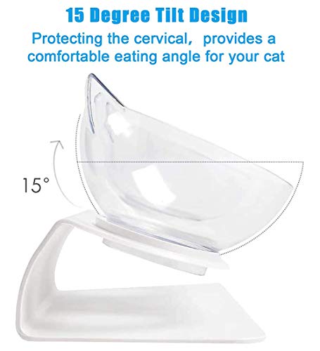 VieVogue Cuenco del Gato, Plataforma Inclinada de 15 ° Comederos para Gatos Doble tazón con Soporte, Elevado Comedero Mascotas, Antideslizante Boles Y Perros Pequeños (White+Clear Bowls)