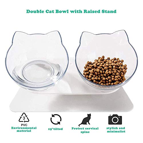 VieVogue Cuenco del Gato, Plataforma Inclinada de 15 ° Comederos para Gatos Doble tazón con Soporte, Elevado Comedero Mascotas, Antideslizante Boles Y Perros Pequeños (White+Clear Bowls)