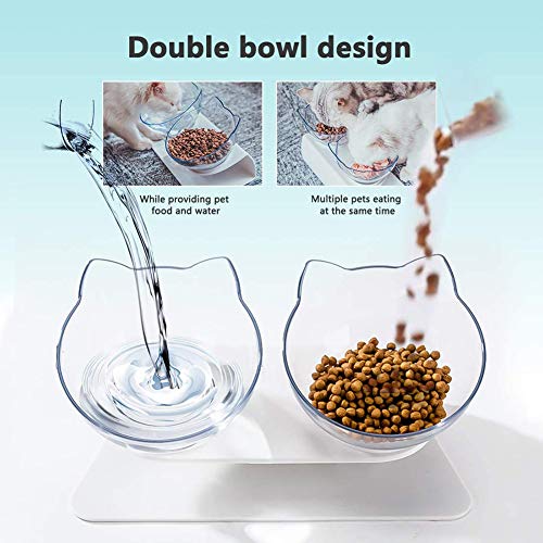 VieVogue Cuenco del Gato, Plataforma Inclinada de 15 ° Comederos para Gatos Doble tazón con Soporte, Elevado Comedero Mascotas, Antideslizante Boles Y Perros Pequeños (White+Clear Bowls)