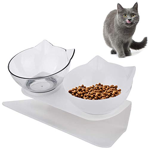 VieVogue Cuenco del Gato, Plataforma Inclinada de 15 ° Comederos para Gatos Doble tazón con Soporte, Elevado Comedero Mascotas, Antideslizante Boles Y Perros Pequeños (White+Clear Bowls)