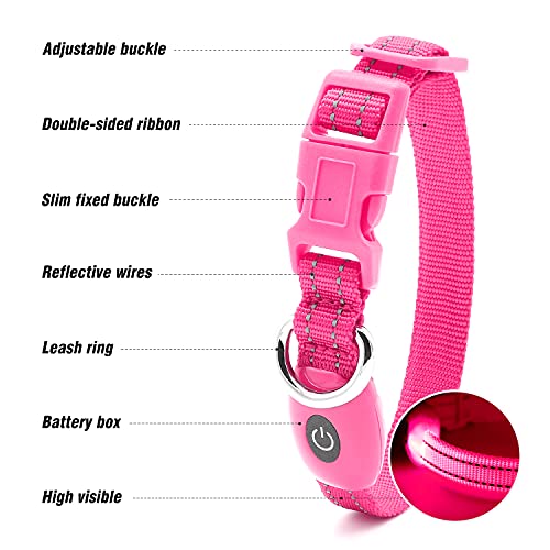 Visinite Collar Luminoso Perro, Collar Luz Perro para La Oscuridad, Nightcollares Luminosos para Perros Recargable a Prueba de Agua, Glow In The Dark Dog Light Up Collar para Caminar,Rosa,S