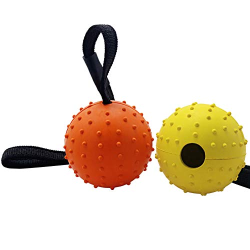 Vivifying Bola para perro con cuerda, 2 unidades de bola de goma interactiva natural para recoger, atrapar, tirar y tirar de la guerra (naranja + amarillo)