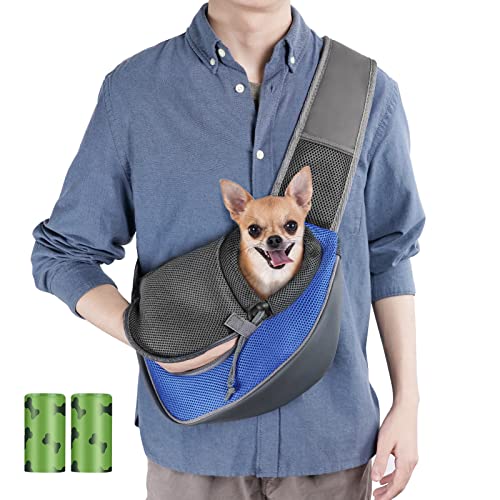 VSSHE Bolso de Hombro para Mascotas Ajustable Portador para Mascotas Pequeñas Transportín para Perros Gatos Pequeño para Viajes, Bicicleta, Senderismo con 2 x Bolsa para Perros (Azul , S)