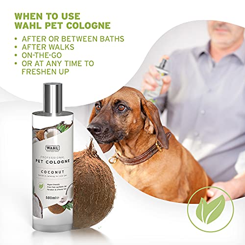 WAHL Spray de Perfume para Perros, Mascotas Colonia, Grooming Pets At Home, Libre de sulfatos, parabenos, Alcohol, Vegano, desodoriza y rejuvenece la Piel y el Abrigo de Animales, Aroma de Coco 500ml