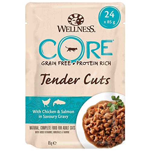 Wellness CORE - Cortes de Tienda de campaña para Gatos, sin Grano Mojado, gallina y salmón en Grano Salvaje, 85 g, 24 Unidades