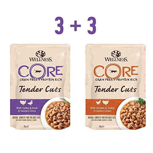 Wellness CORE - Juego de 6 Bolsas de Alimentos para Gatos mojados, sin Granos, 85 g