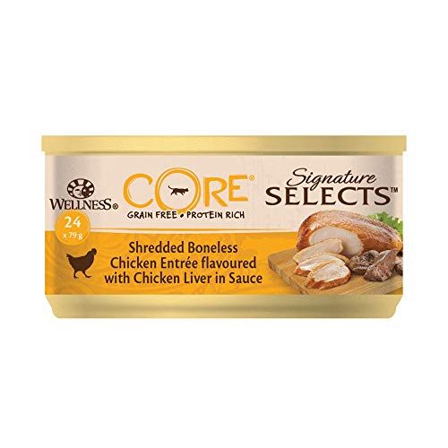 Wellness CORE Signature Selects - Juego de 24 Platos para Gatos sin Grano húmedo, sin triturado, con Forma de Pollo, 79 g