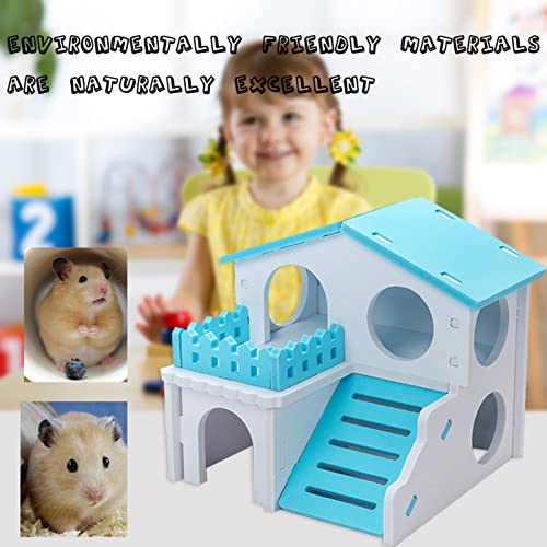 Wharick Hamster House Gerbil Toys,Juguetes para ratas para mascotas,Doble capa de madera Hideout Accesorios de juguete para ratón de conejillo de indias erizo azul