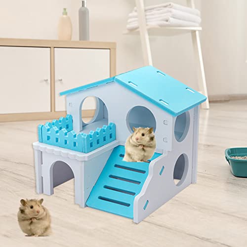 Wharick Hamster House Gerbil Toys,Juguetes para ratas para mascotas,Doble capa de madera Hideout Accesorios de juguete para ratón de conejillo de indias erizo azul