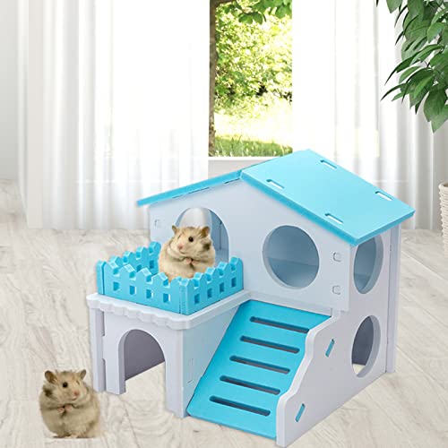 Wharick Hamster House Gerbil Toys,Juguetes para ratas para mascotas,Doble capa de madera Hideout Accesorios de juguete para ratón de conejillo de indias erizo azul