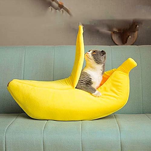 WHIO Linda casa de cama de gato plátano, extra grande, suave, tela de felpa corta, lavable a máquina, adecuada para gatos y perros pequeños, amarillo, 65 x 25 x 18 cm