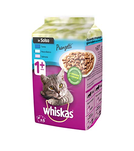 Whiskas Comida para Gatos con atún, Pescado Blanco y salmón, 12 Paquetes (72 Unidades en Total)