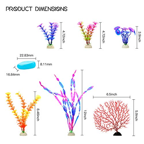 WILLBOND Juego de Plantas de Plástico de Corales y Rocas de Brillo de 106 Piezas Incluye 6 Decoración de Algas Artificiales Pequeñas y 100 Guijarros Luminosos Piedra de Resplandor para Pecera Acuario