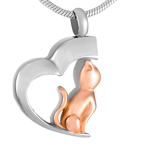 WJDT Collar de cremación de acero inoxidable con diseño de gato en mi corazón con cenizas para mascota, colgante de urna conmemorativa, recuerdo para mujer, hombre, oro rosa, 10 unidades