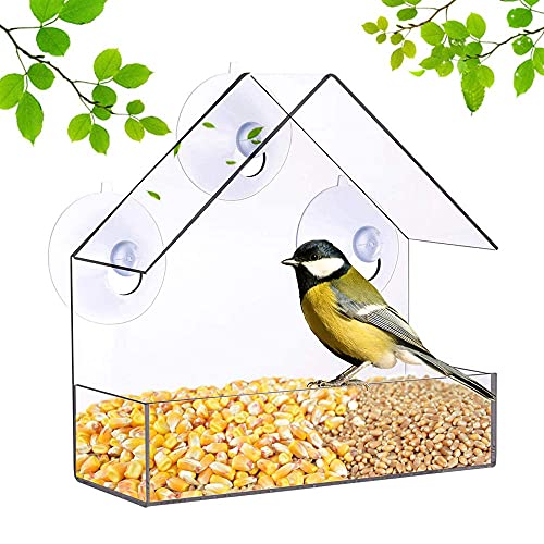 WLGQ Comedero para pájaros con Ventana, comedero de plástico para pájaros Silvestres con Techo, 3 ventosas y Bandeja para Semillas (Color Transparente)