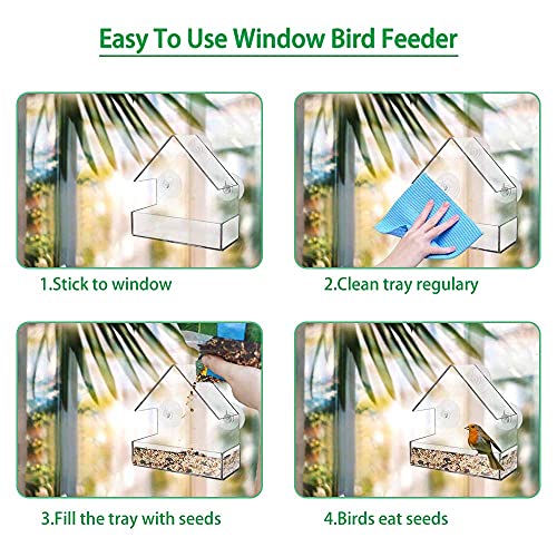 WLGQ Comedero para pájaros con Ventana, comedero de plástico para pájaros Silvestres con Techo, 3 ventosas y Bandeja para Semillas (Color Transparente)