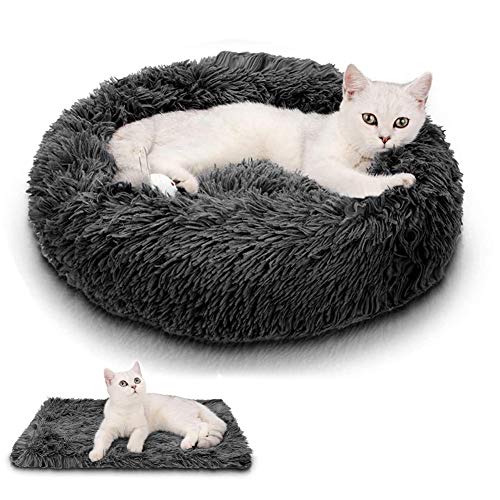 Wuudi Cama para gatos con diseño de animales y gato, antideslizante, suave, redonda, 2 unidades, suave y pequeña cama y manta