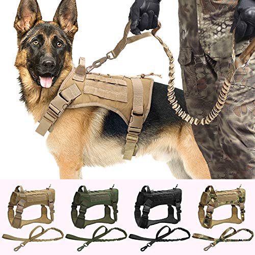 WWHPVP Arnés De Perro Táctico Militar K9 Trabajo Chaleco De Perro, Nylon Bungee Leash Capacitación De Línea Corriendo para Perros Medianos Pastor Alemán,Verde,66~102cm