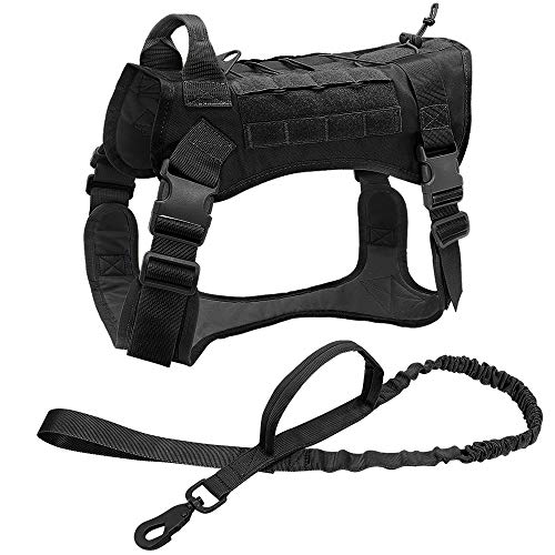 WWHPVP Arnés de Perro táctico Militar K9 Trabajo Chaleco de Perro, Nylon Bungee Leash Capacitación de línea Corriendo para Perros Medianos Pastor alemán,Black Set,61~99cm