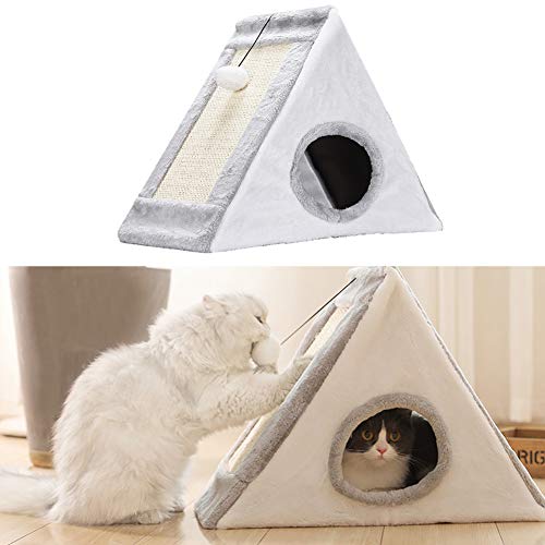 XianghuangTechnology Cama cueva para gatos 2 en 1 con poste de rascar cueva triangular para gatos, completamente plegable, casa para gatos/cuevas condominio interior/exterior (gris)