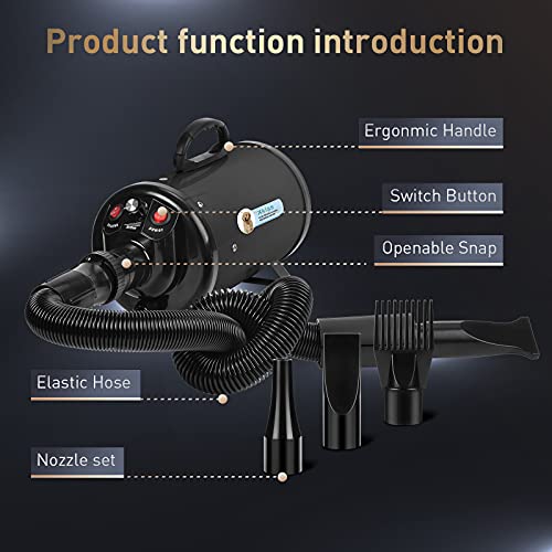 XKISS secador para Perro Velocidad Continua y Temperatura Ajustable secador de Mascotas Viene con 4 Accesorios.（Negro）