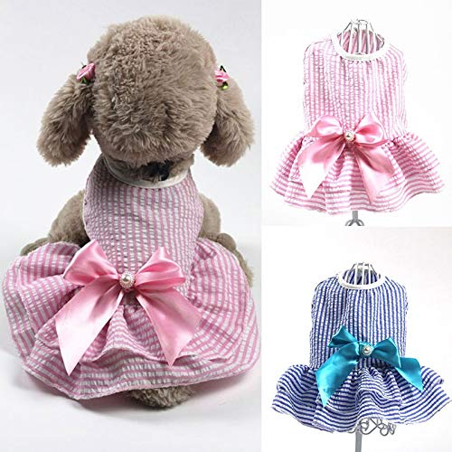 YDPDJ Ropa linda para perros, vestido para mascotas con lazo a rayas, vestido de princesa y cupcake, primavera verano, dulce, rosa, azul, disfraces para perros, falda para perros