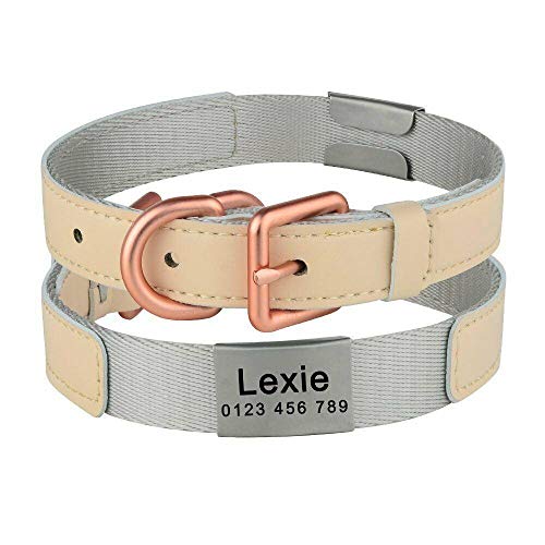 Yisatann Collar Perro Ajustable Collar de Perro de Nailon Ajustable Etiqueta de Nombre grabada Collar de identificación de Perro Collar de Perro con Cuero-Blanco S 24-30cm