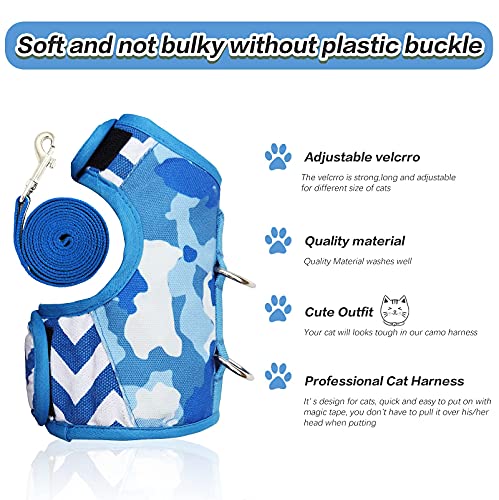 Yizhi Miaow Arnés para gato y correa para caminar a prueba de escape, chaquetas ajustables para caminar, chaleco acolchado para gato, color azul camuflaje XL