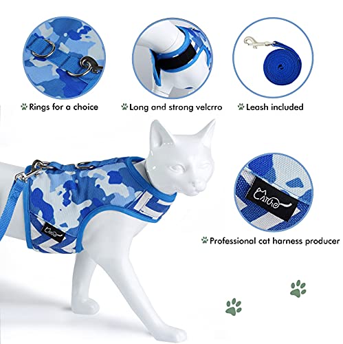 Yizhi Miaow Arnés para gato y correa para caminar a prueba de escape, chaquetas ajustables para caminar, chaleco acolchado para gato, color azul camuflaje XL