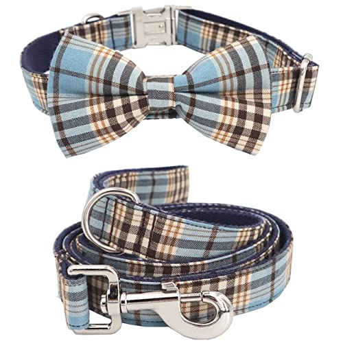 YUEHAN Collar De Perro Collar De Perro A Cuadros Azul Corbata De Lazo A Juego para 5 Tamaños A Elegir, Los Mejores Regalos De Collar De Perro De Boda para Su Mascota