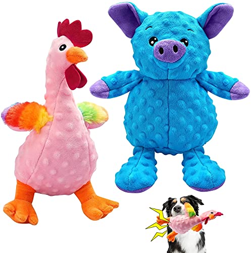 ZB ZealBoom Juguetes para Perros - 2 Piezas Squeaky Toy Juguete de Peluche Duraderos para Cachorros Perro Pequeño Mediano, Chirriante Masticar Juguete de Entrenamiento, Cerdo y Pollo