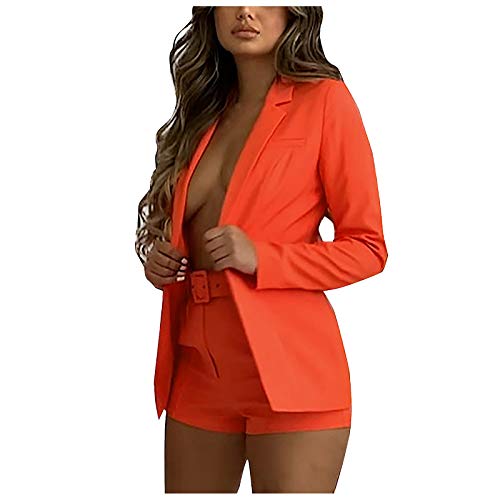 Zldhxyf Conjunto de otoño de 2 piezas para mujer, de manga larga, cárdigan, chaqueta de traje y pantalones cortos con cordones, informal, elegante, traje de negocios, traje de otoño., naranja, S